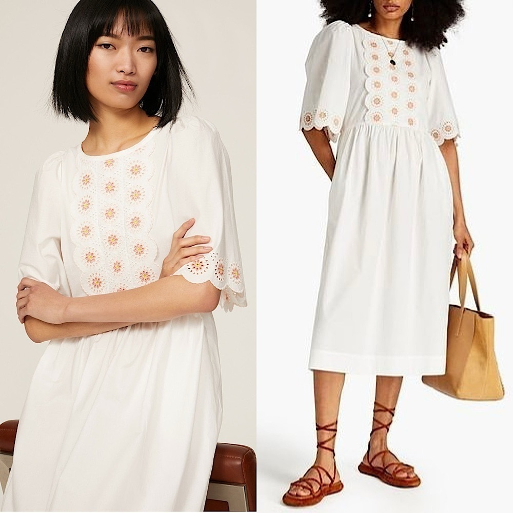 SEE BY CHLOE Floral Eyelet Embroidered Puff Short Sleeve Scalloped Midi‎ Dress 6